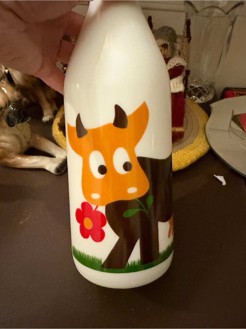 Vintage-Style White Ceramic Cow Milk Bottle with Orange Cow Motif
